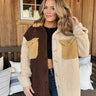 brown cream color block teddy coat jacket