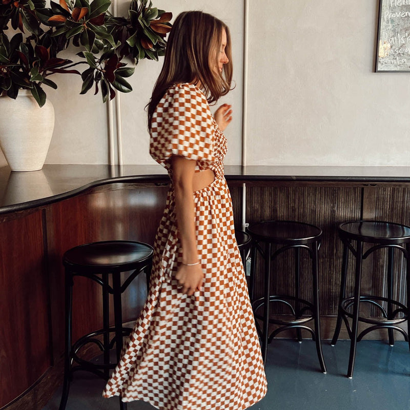 brown gingham maxi dress with cut out