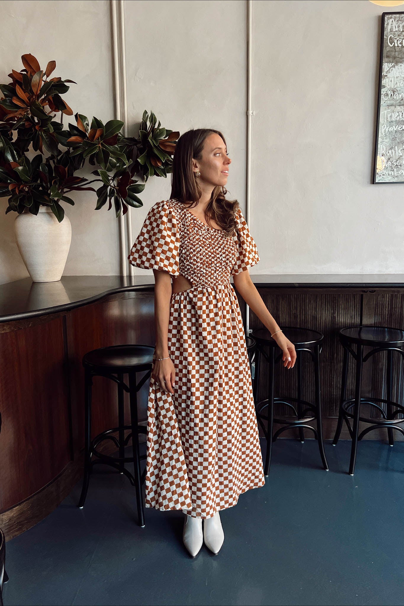 brown gingham maxi dress with cut out