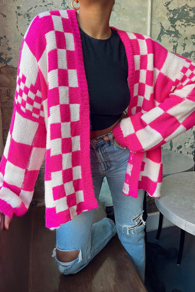 checkered pink cardigan
