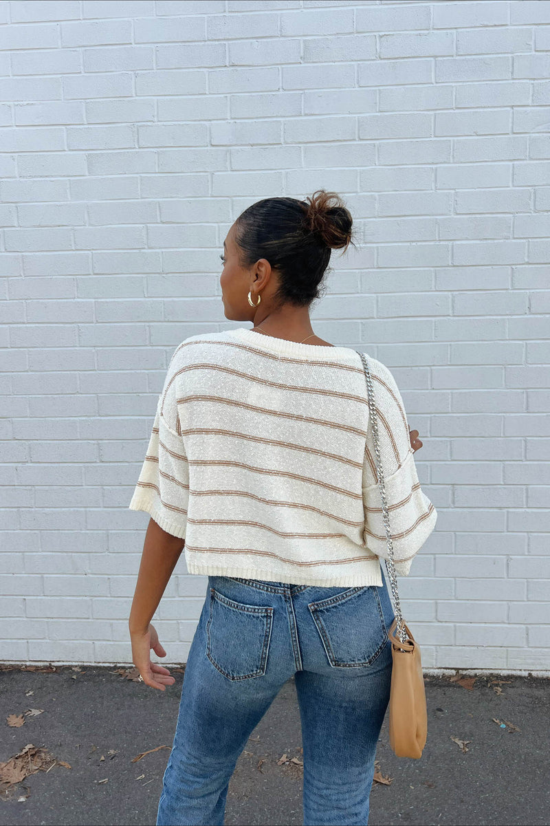 Cream sweater with brown thin stripes 
