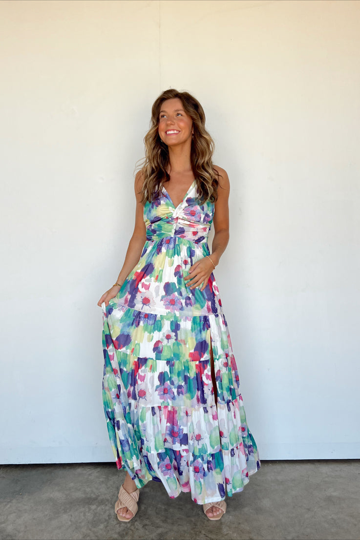 floral watercolor maxi dress with a side slit