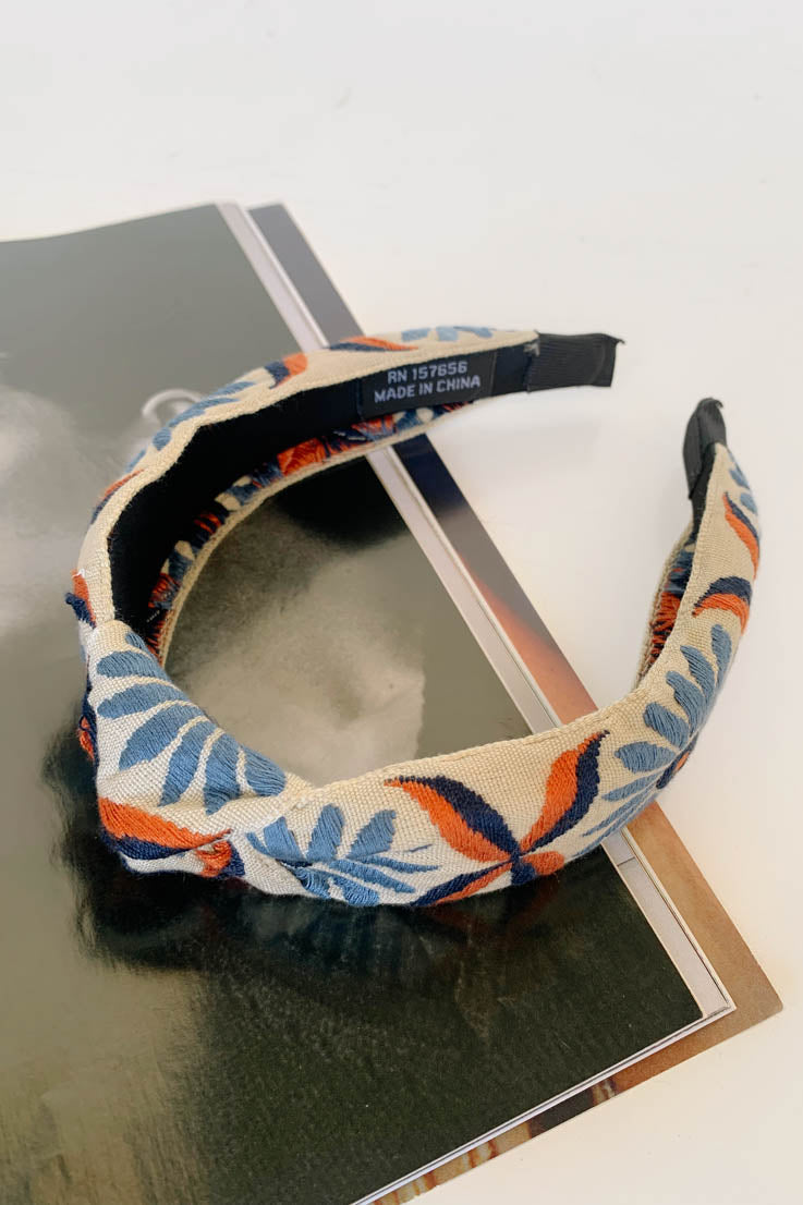 cream blue orange flower stitch headband