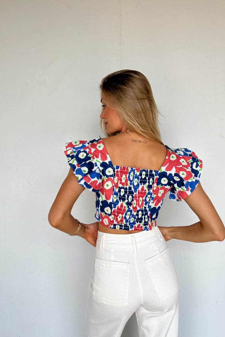 white navy pink floral top