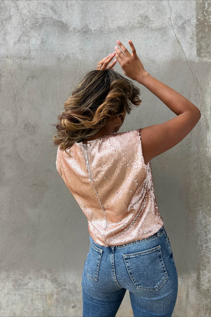 rose gold sequin sleeveless tank top with zipper down back