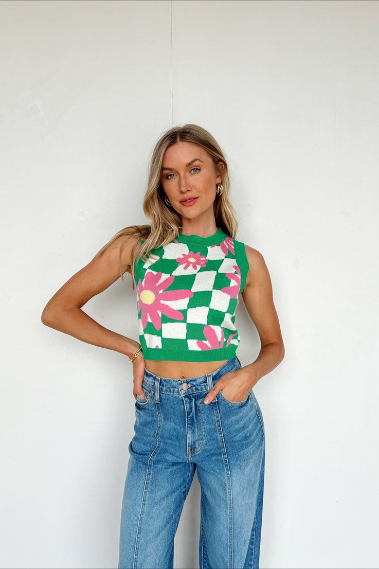 green checkered top with pink daisy