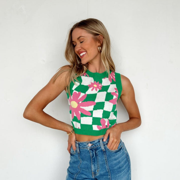 green checkered top with pink daisy