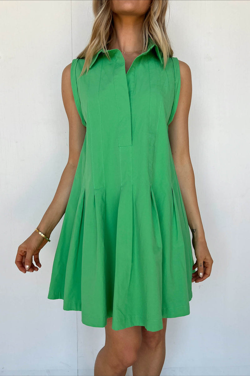 green collared dress with pleats