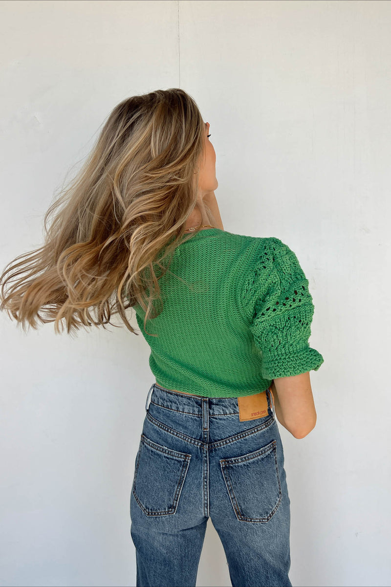 green crotchet puff sleeve sweater