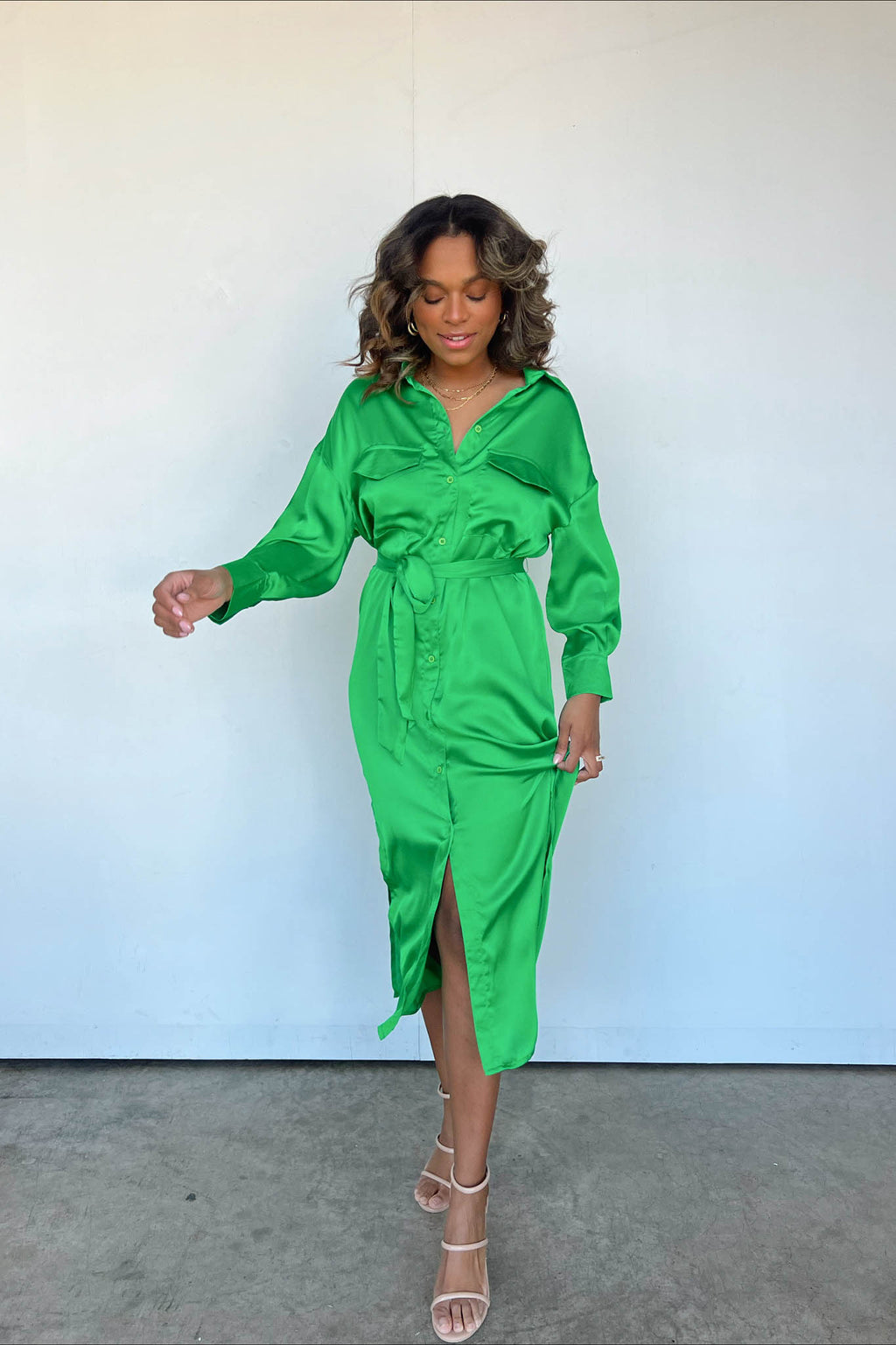 green silk button up midi dress 