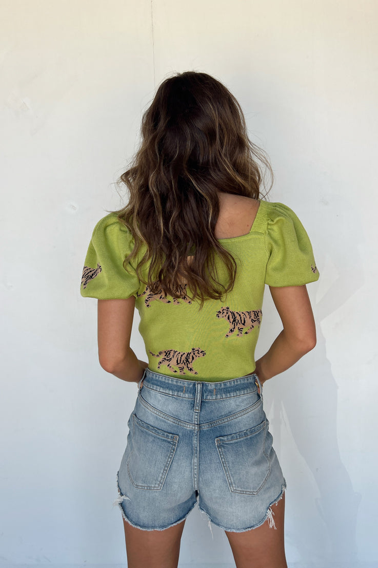 green chartreuse leopard sweater top