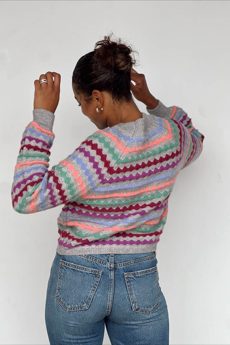 purple blue striped knit grey sweater
