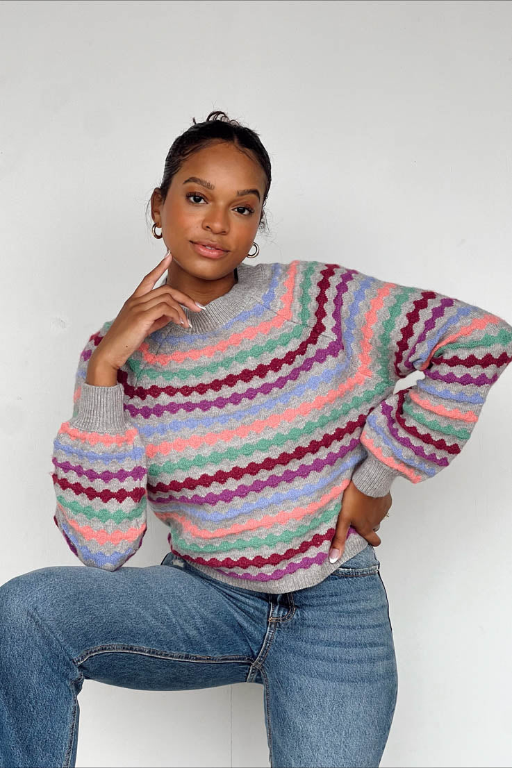 purple blue striped knit grey sweater