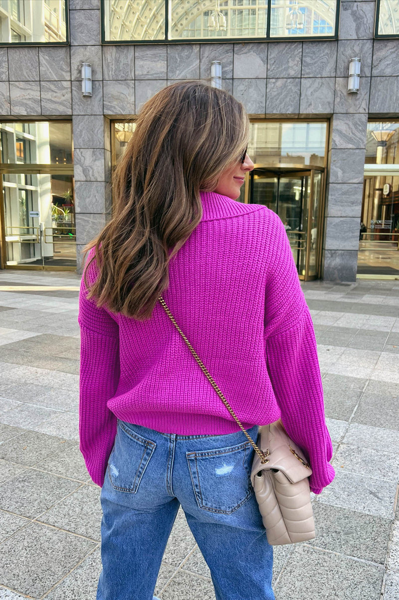 hot pink magenta ribbed collared pullover sweater top