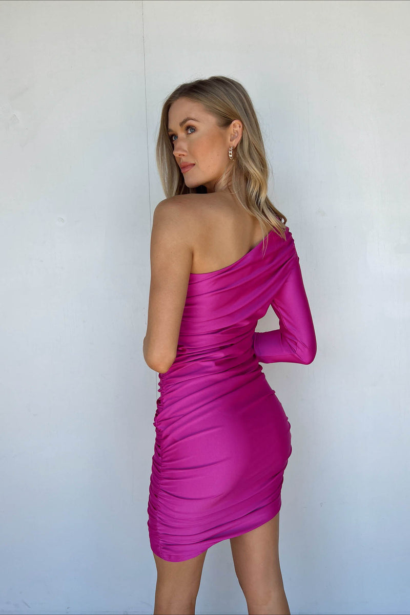 hot pink one shoulder fitted mini dress