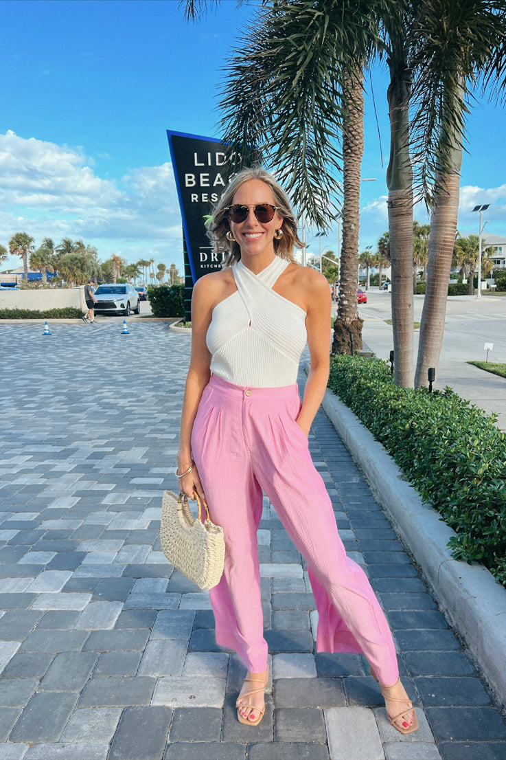 light pink trousers