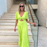 lime green puff sleeve maxi dress with tiered skirt