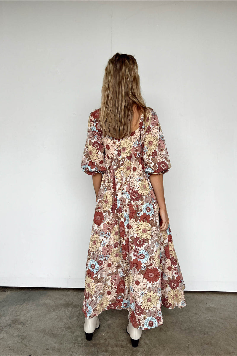 brown and beige floral maxi dress
