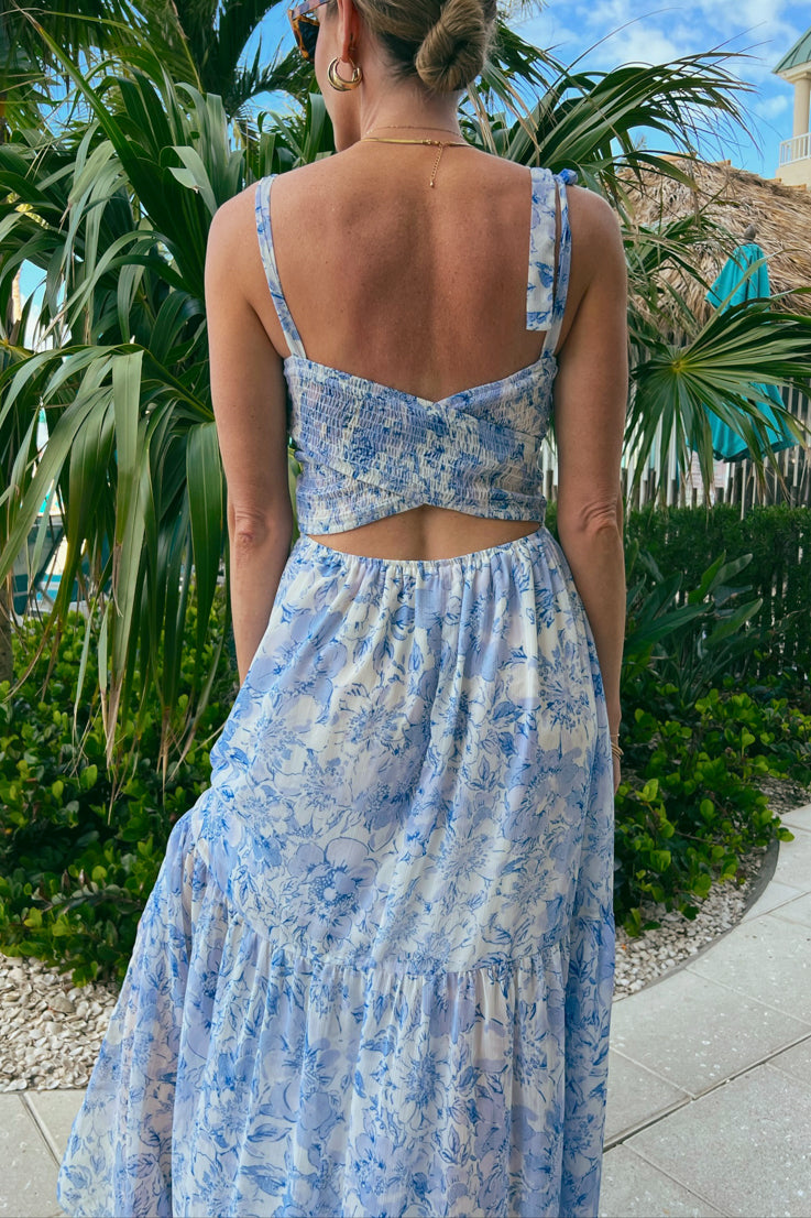 white and blue floral maxi dress
