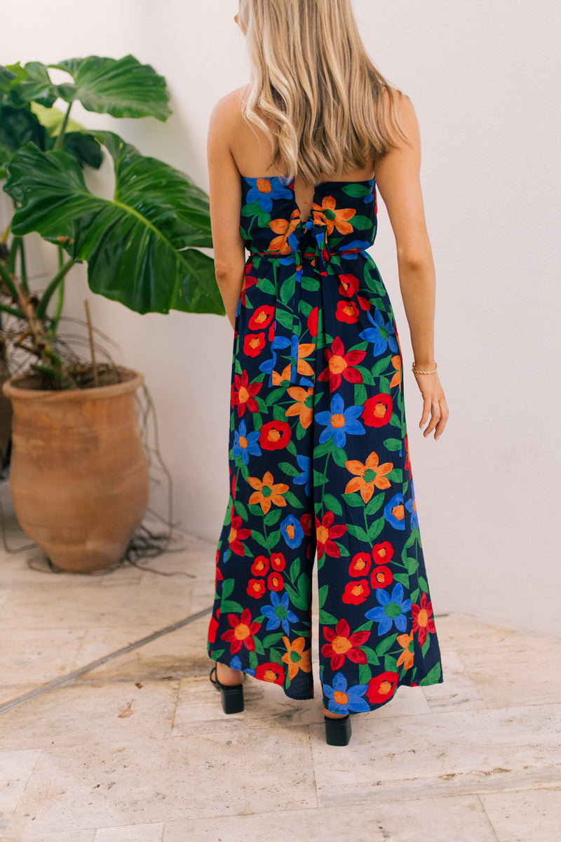 navy jumpsuit with flowers