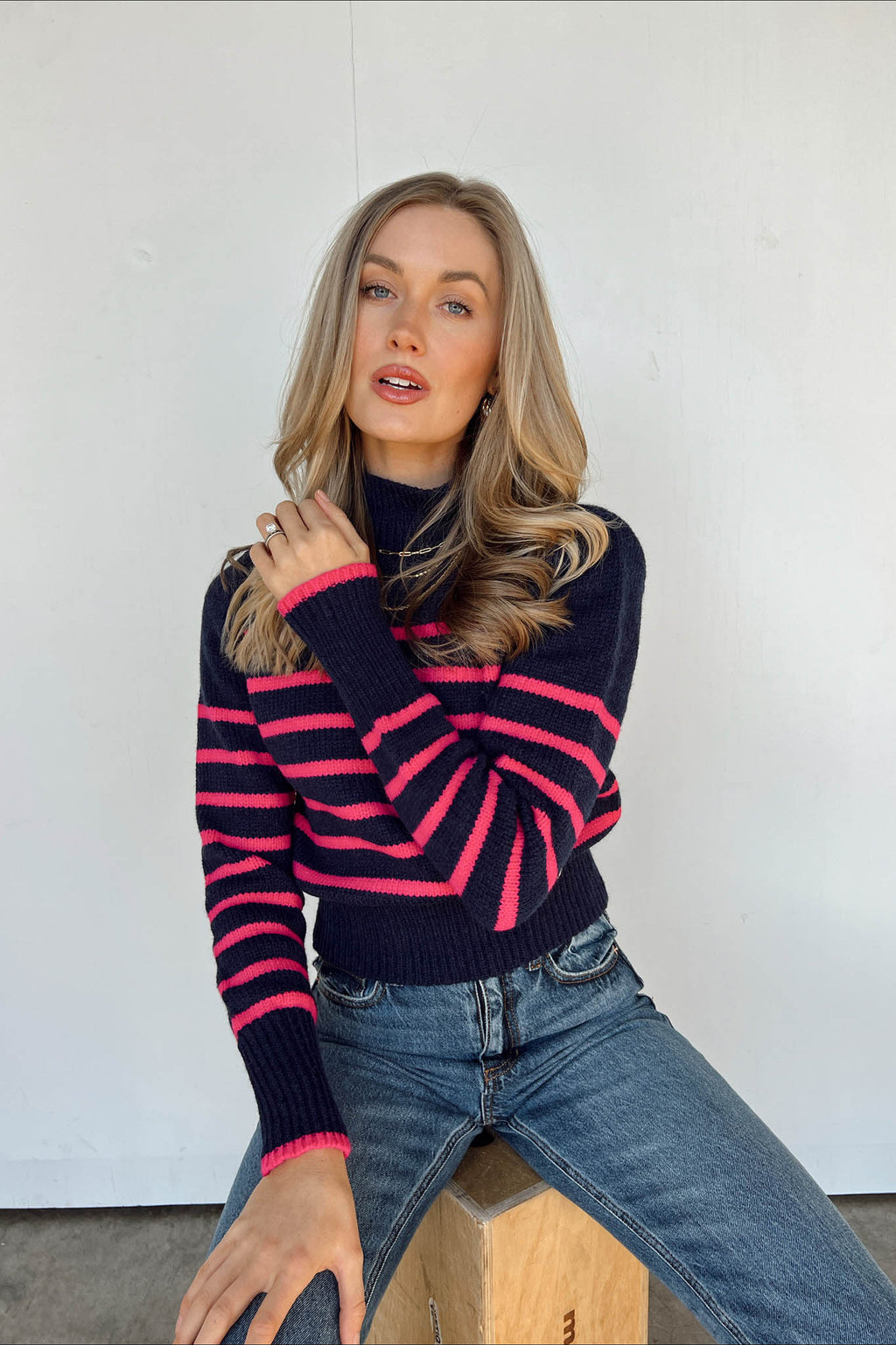 navy and hot pink striped sweater
