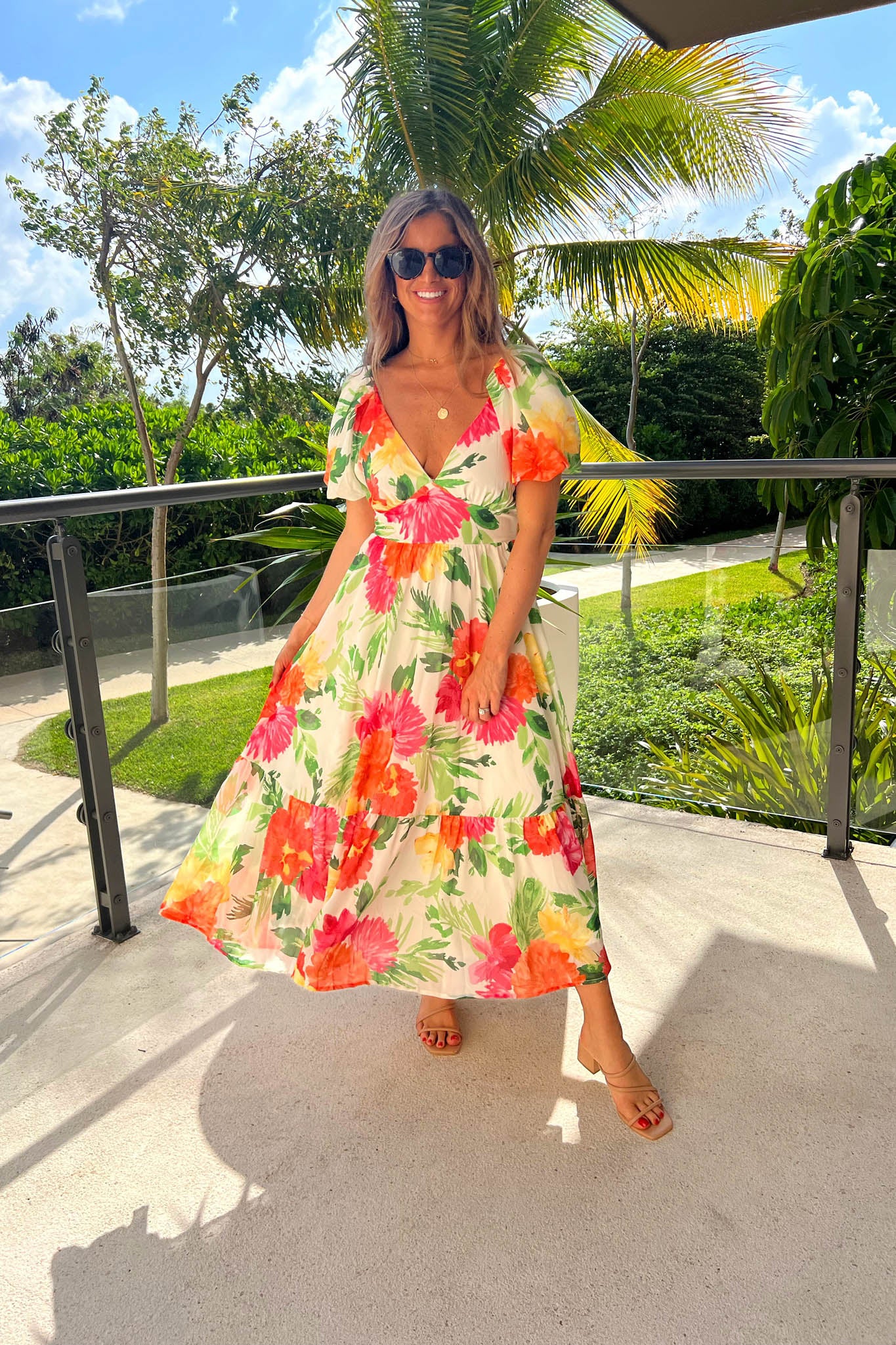 orange, pink and yellow floral maxi dress