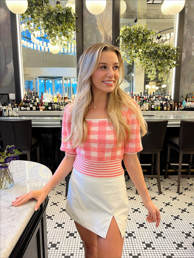 pink and white gingham knit top
