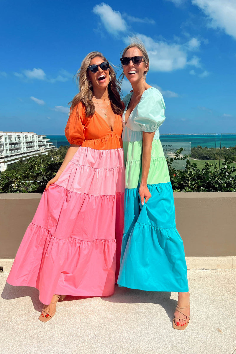 pink and blue color-block maxi dress