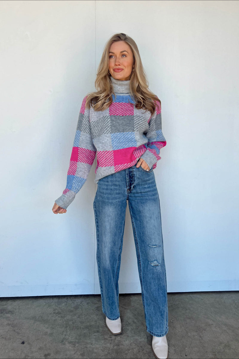 pink blue and grey plaid sweater