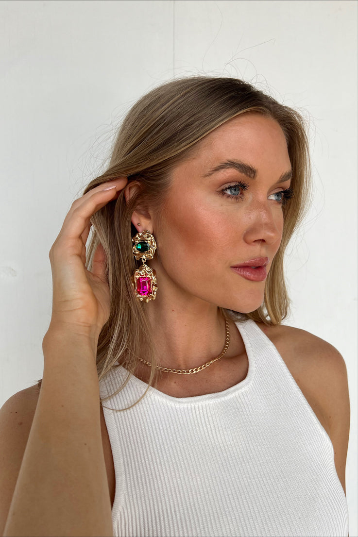 gold green and pink earrings