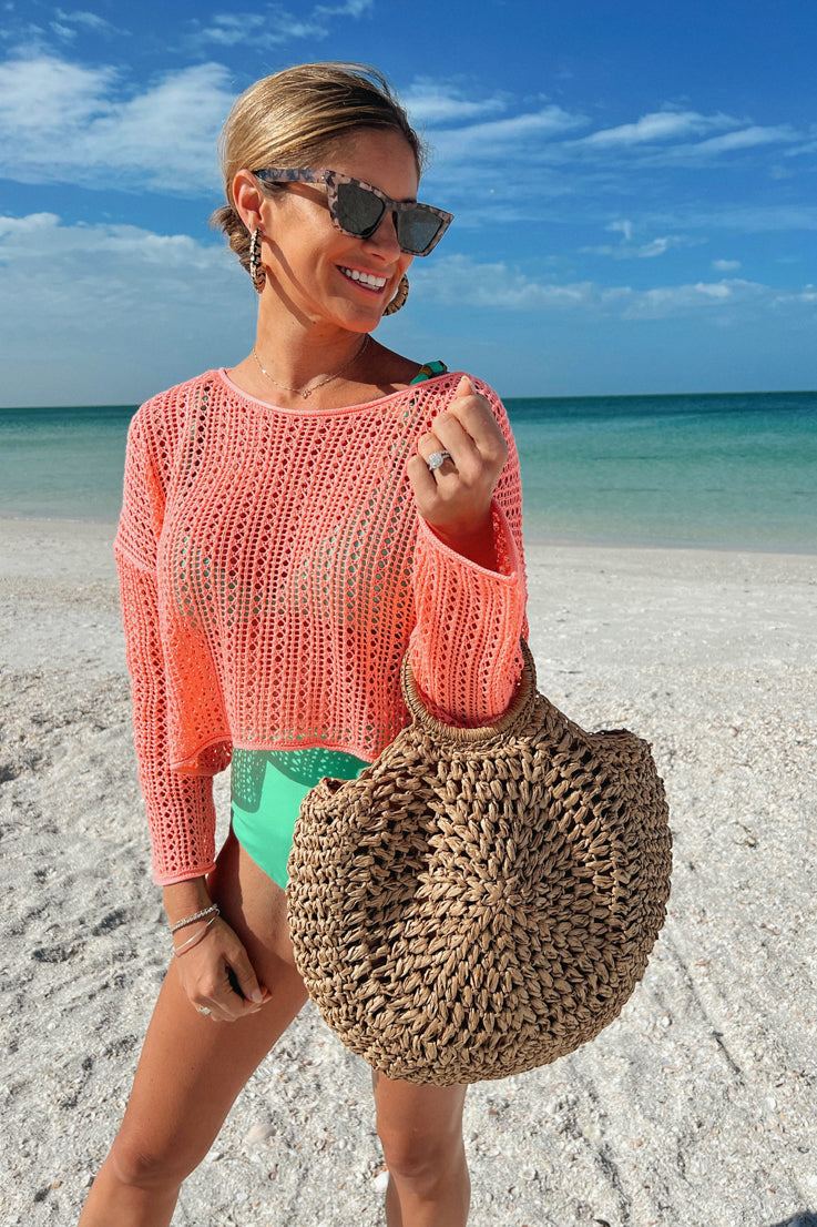 coral open knit long sleeve top