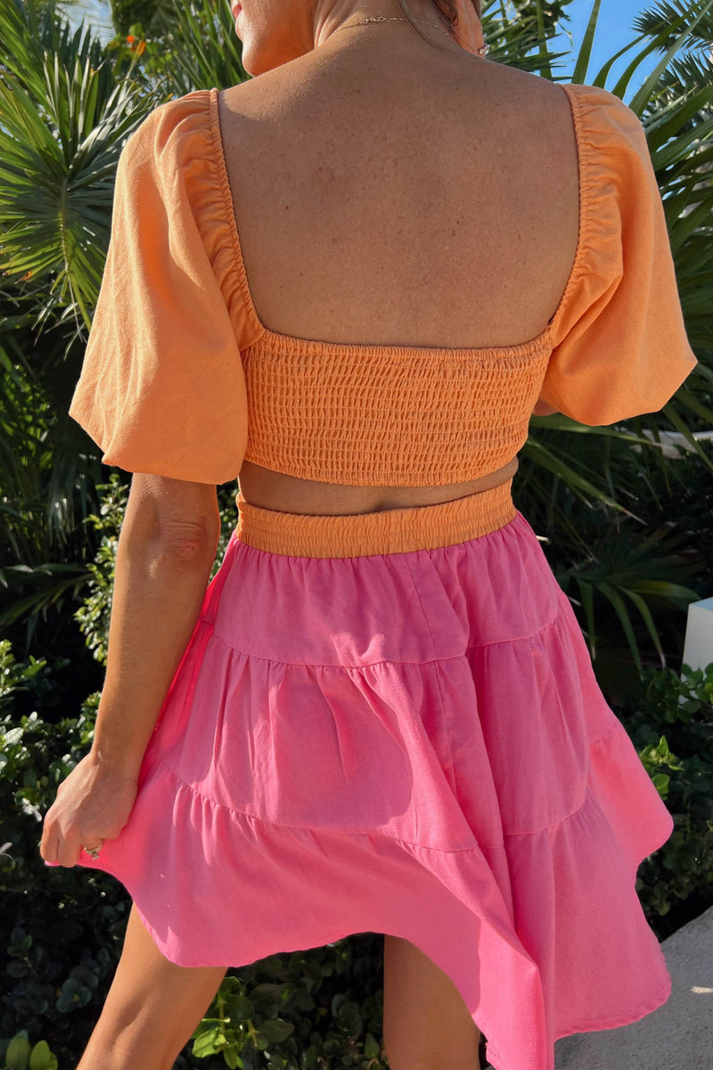 color-block orang and pink puff sleeve dress