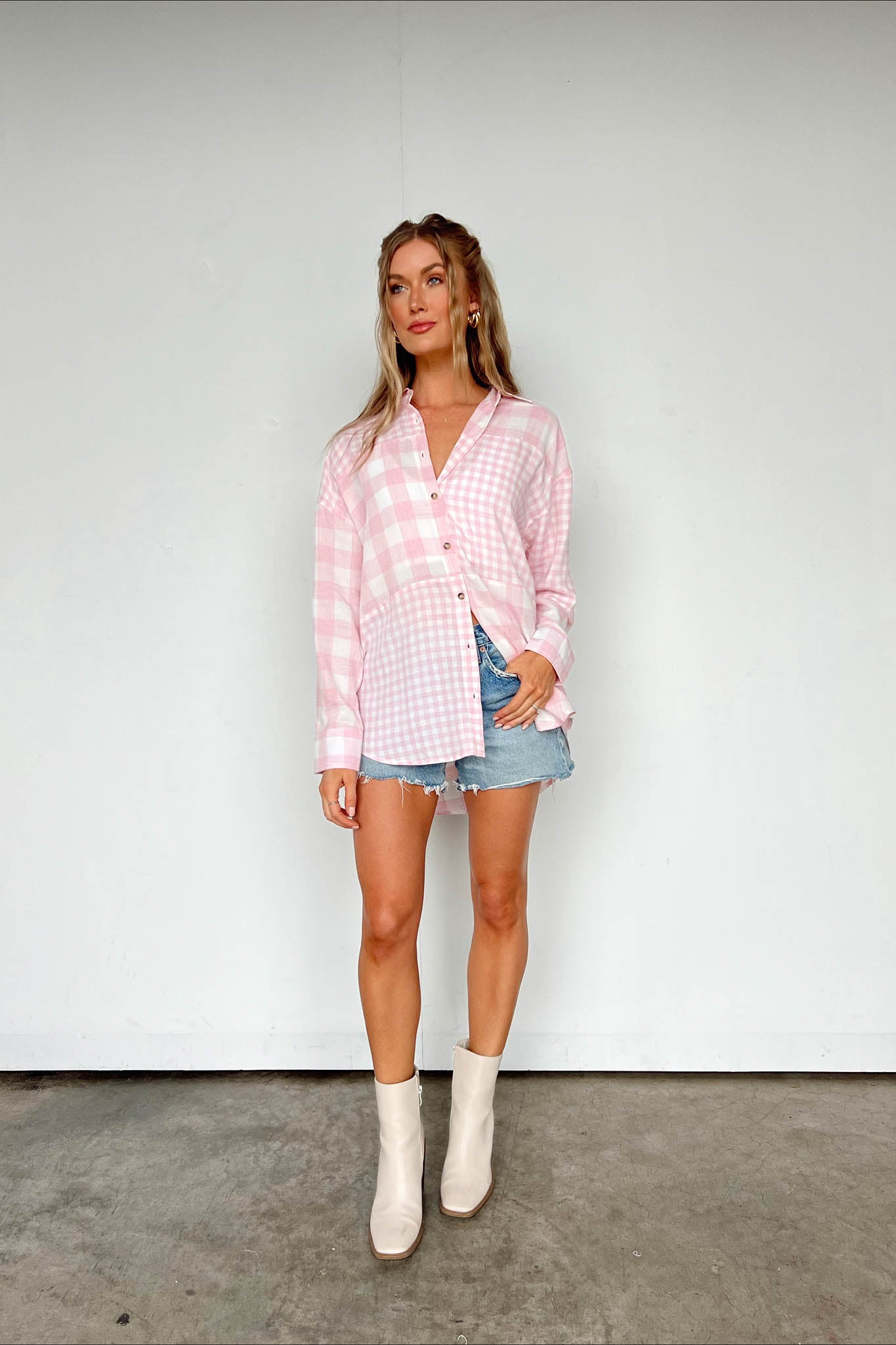 white and pink gingham button down 