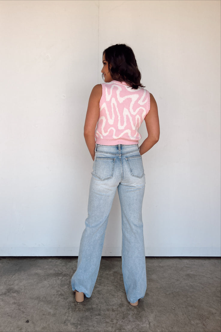 pink and white swirl top with collared neckline