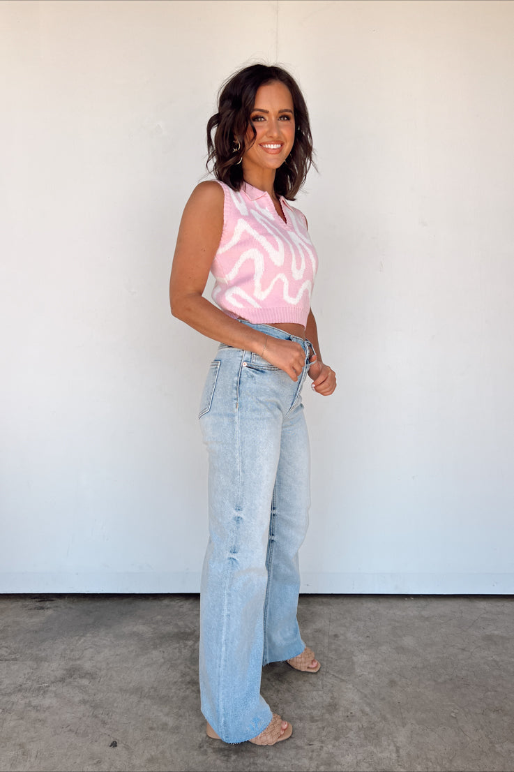 pink and white swirl top with collared neckline