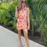 pink and yellow one shoulder dress