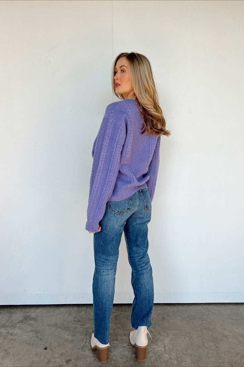 purple cardigan with buttons