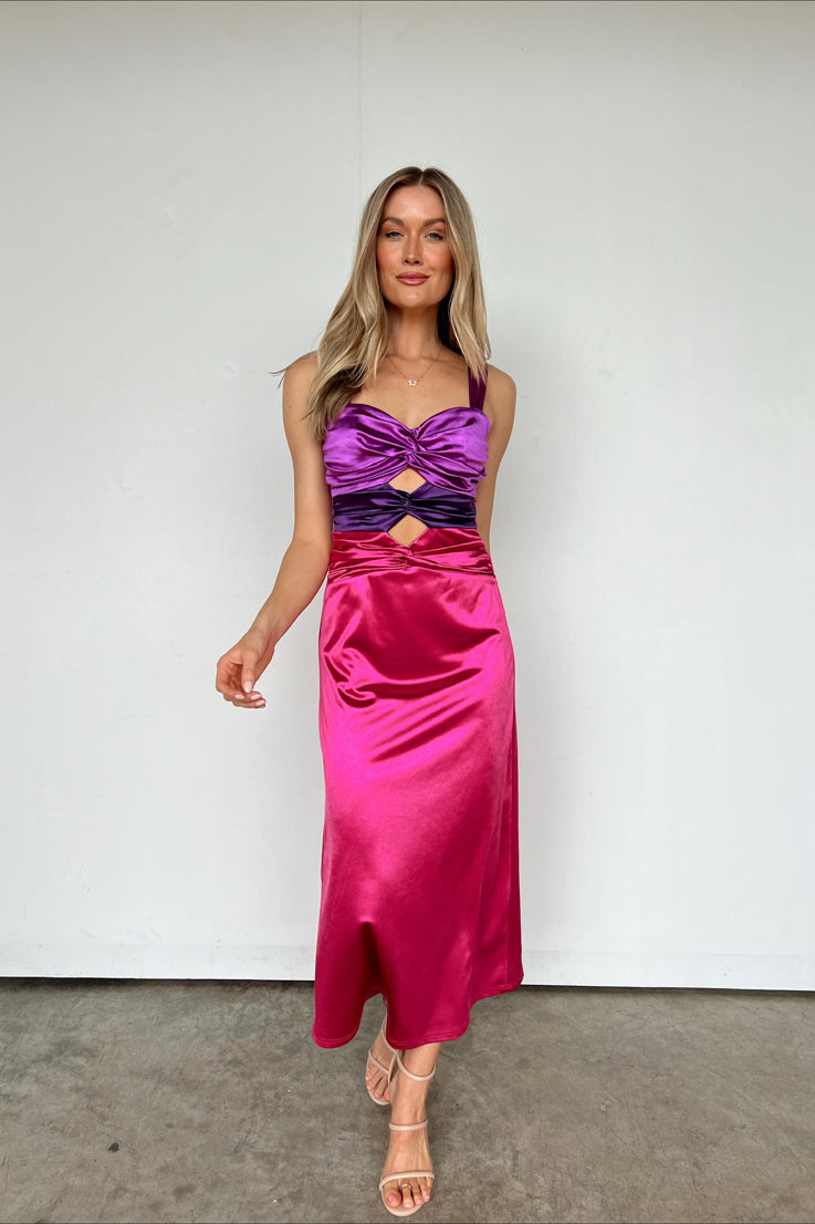 pink and purple color-block dress