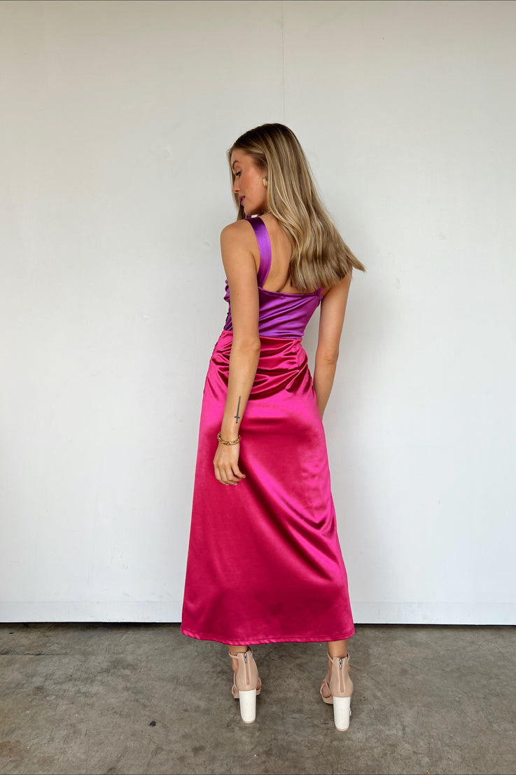 pink and purple color-block dress