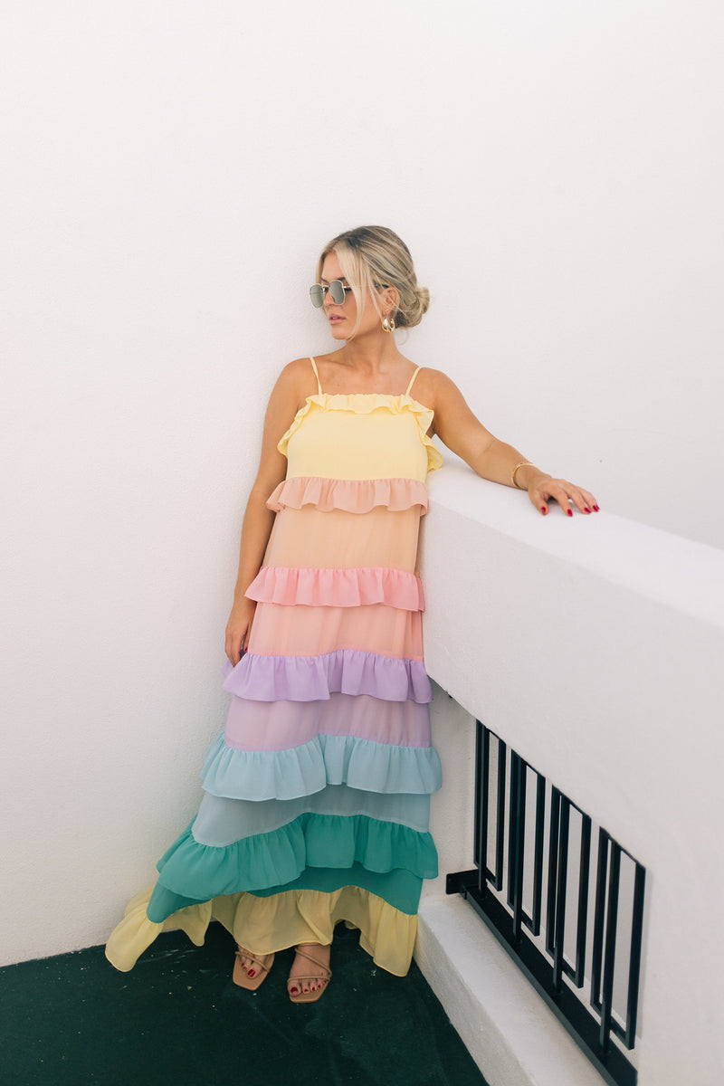 pastel rainbow maxi dress