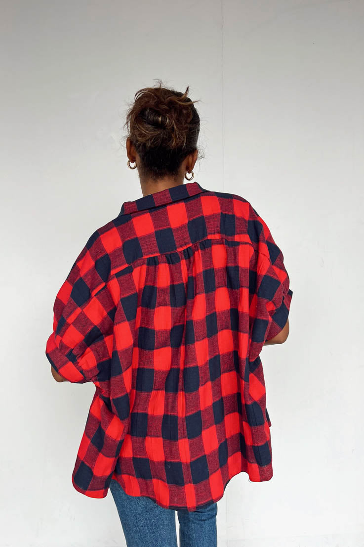 red navy buffalo plaid top
