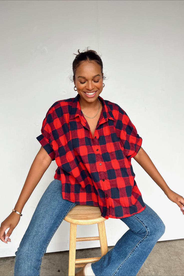 red navy buffalo plaid top