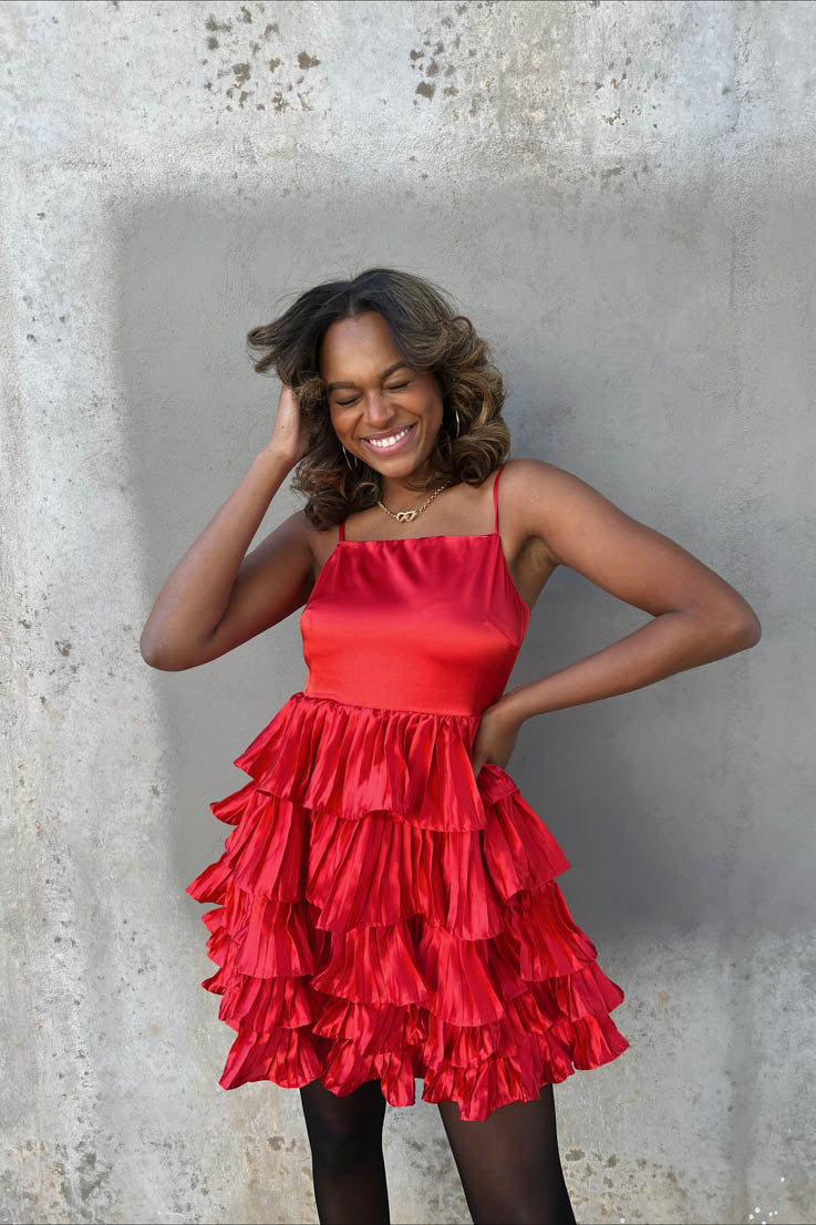 red ruffle tiered mini dress