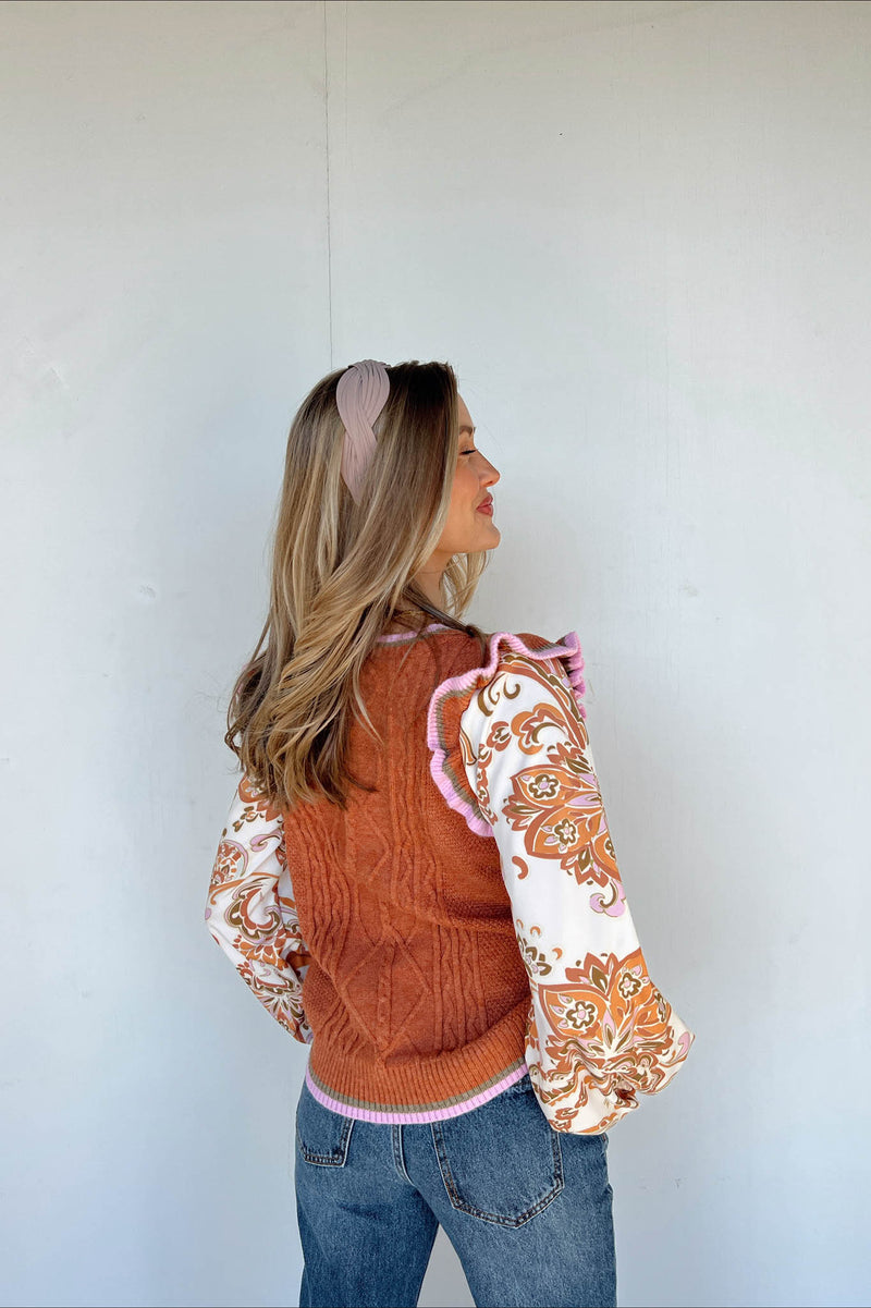 rust cable knot sweater with paisley