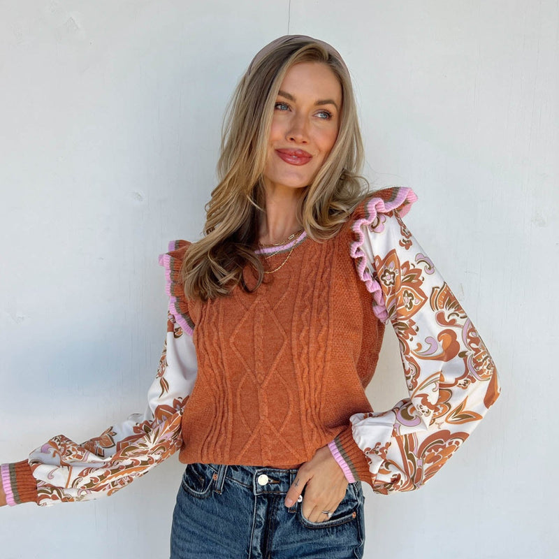 rust cable knot sweater with paisley