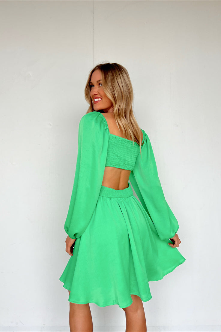 satin green mini dress long sleeve