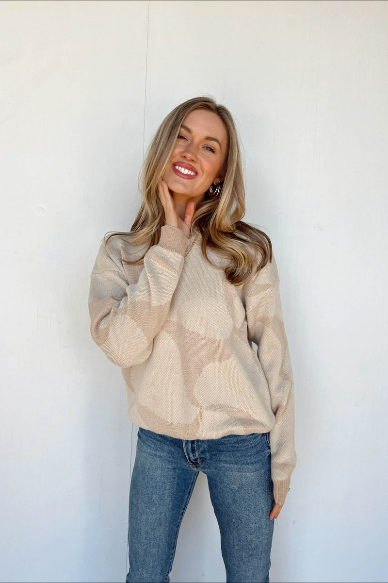 taupe abstract wave design sweater 