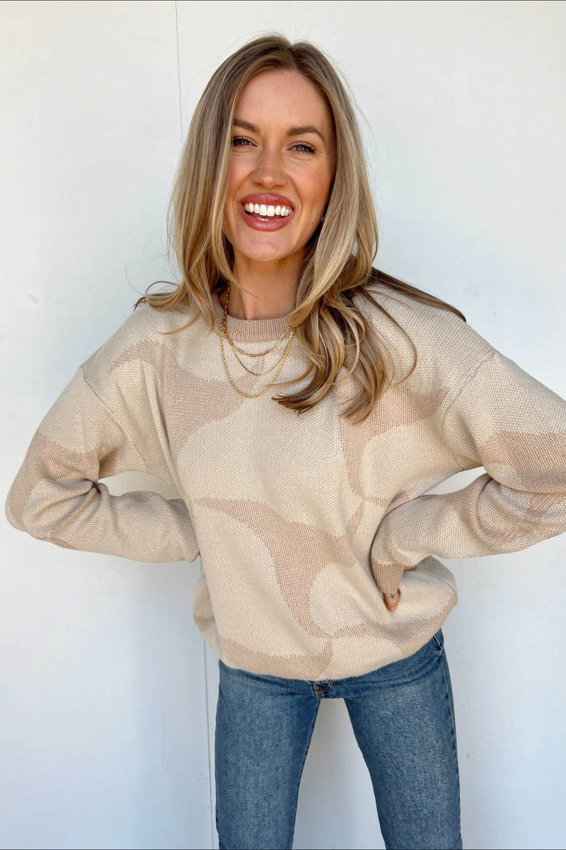 taupe abstract wave design sweater 