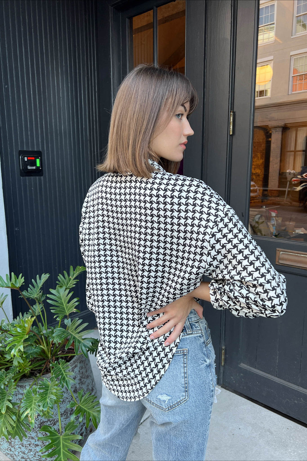 black and white houndstooth top