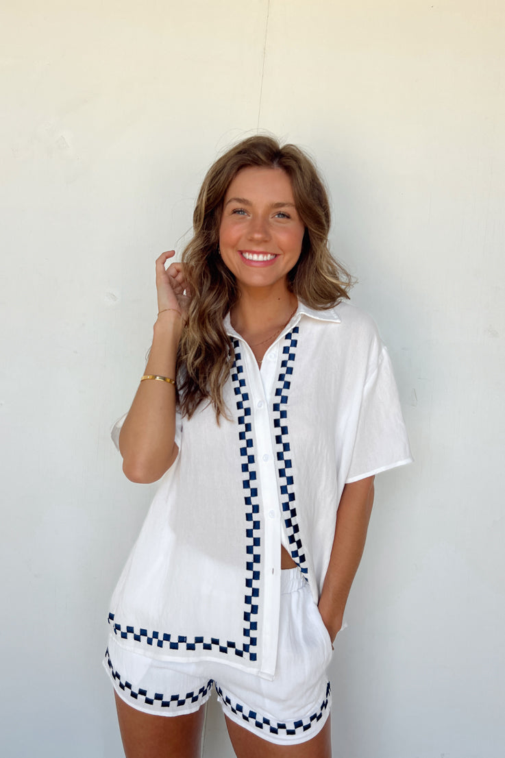 white linen button up top